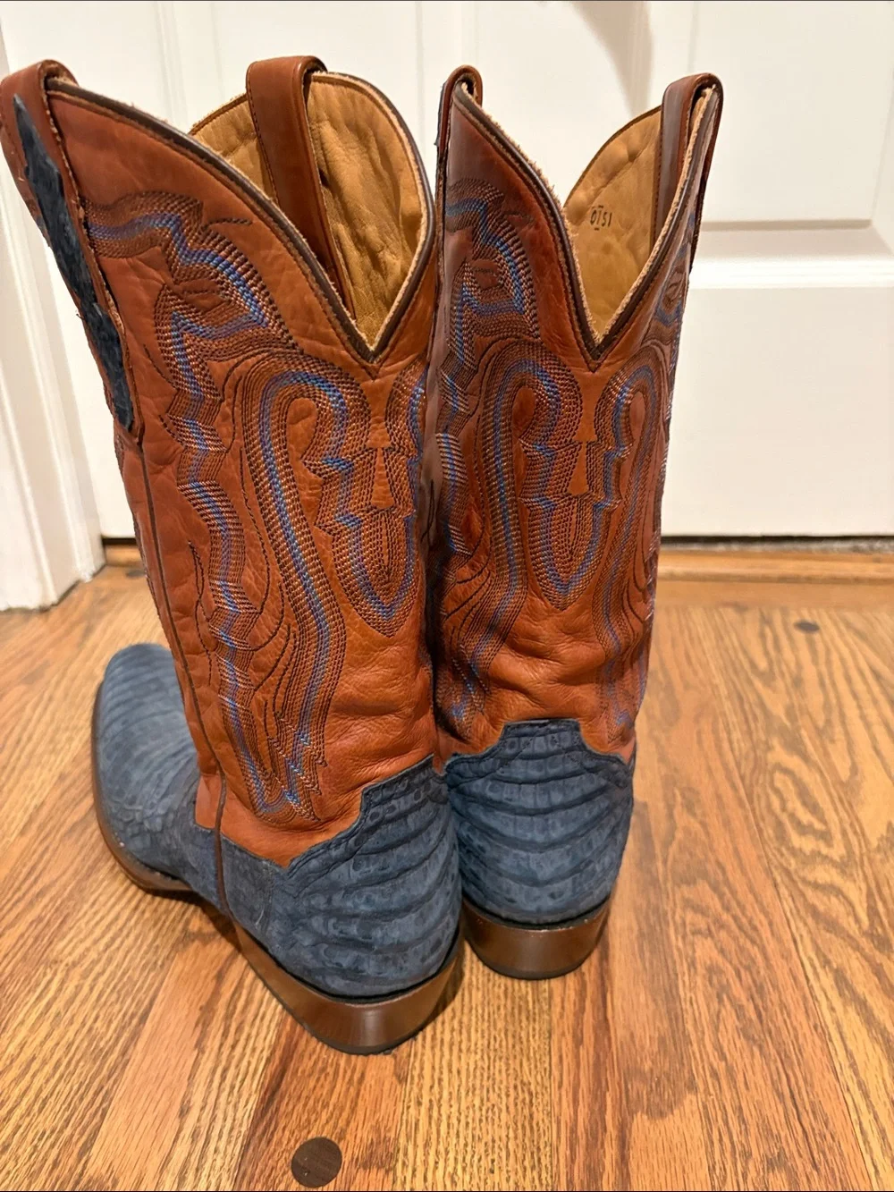 Dan Post Men's Western Cowboy Boots - Blue Distressed Toe & Chestnut Shaft - Picture 3 of 7